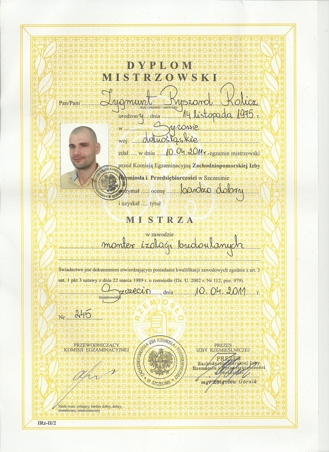 Skan dokumentu: Dyplom mistrzowski: monter izolacji