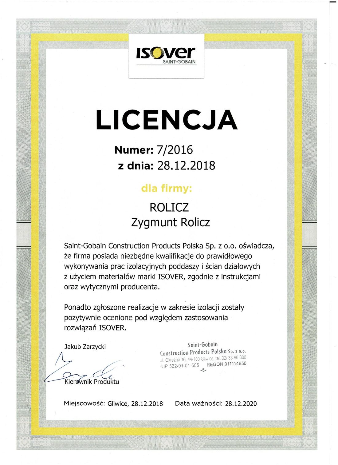 Skan dokumentu: Licencja Isover: izolacje